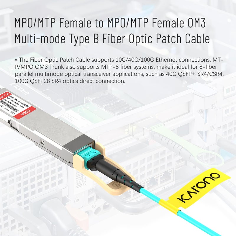 Karono 10ft/3M MPO to MPO Fiber Patch Cable, Nissin Japan Connectors, 8 Fibers OM3 Type B, Multi-Mode, QSFP+ & QSFP28 Transceiver Compatibility, MTP Compatible, LSZH Jacket, Aqua - Image 2